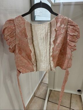 Urban Outfitters Pink Brocade Puff Sleeve Crop Top with Cream Ruffle Panel